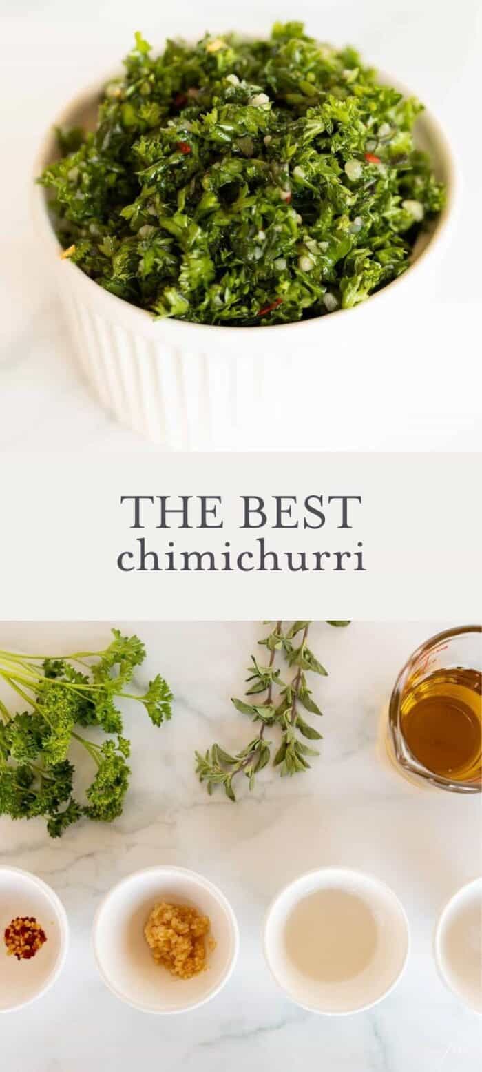 chimichurri in dish, overlay text, ingredients in chimichurri