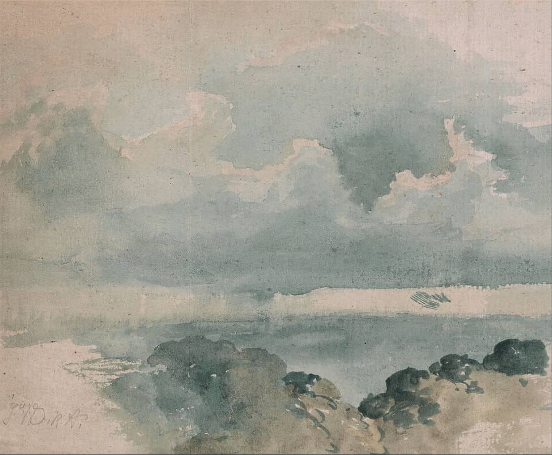 A painting of blue clouds and ocean from the public domain art sources.