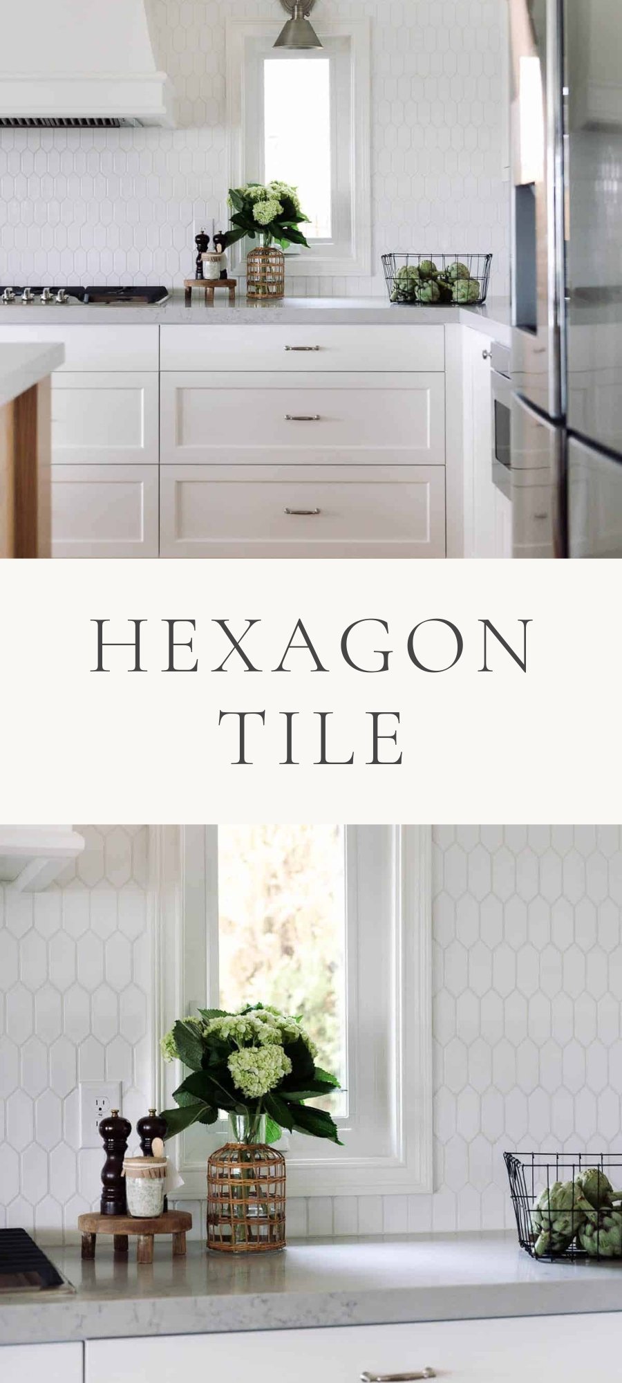 a kitchen with white drawers plants decor and hexagon tile