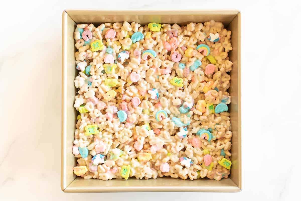 lucky charms bars pressed into gold pan