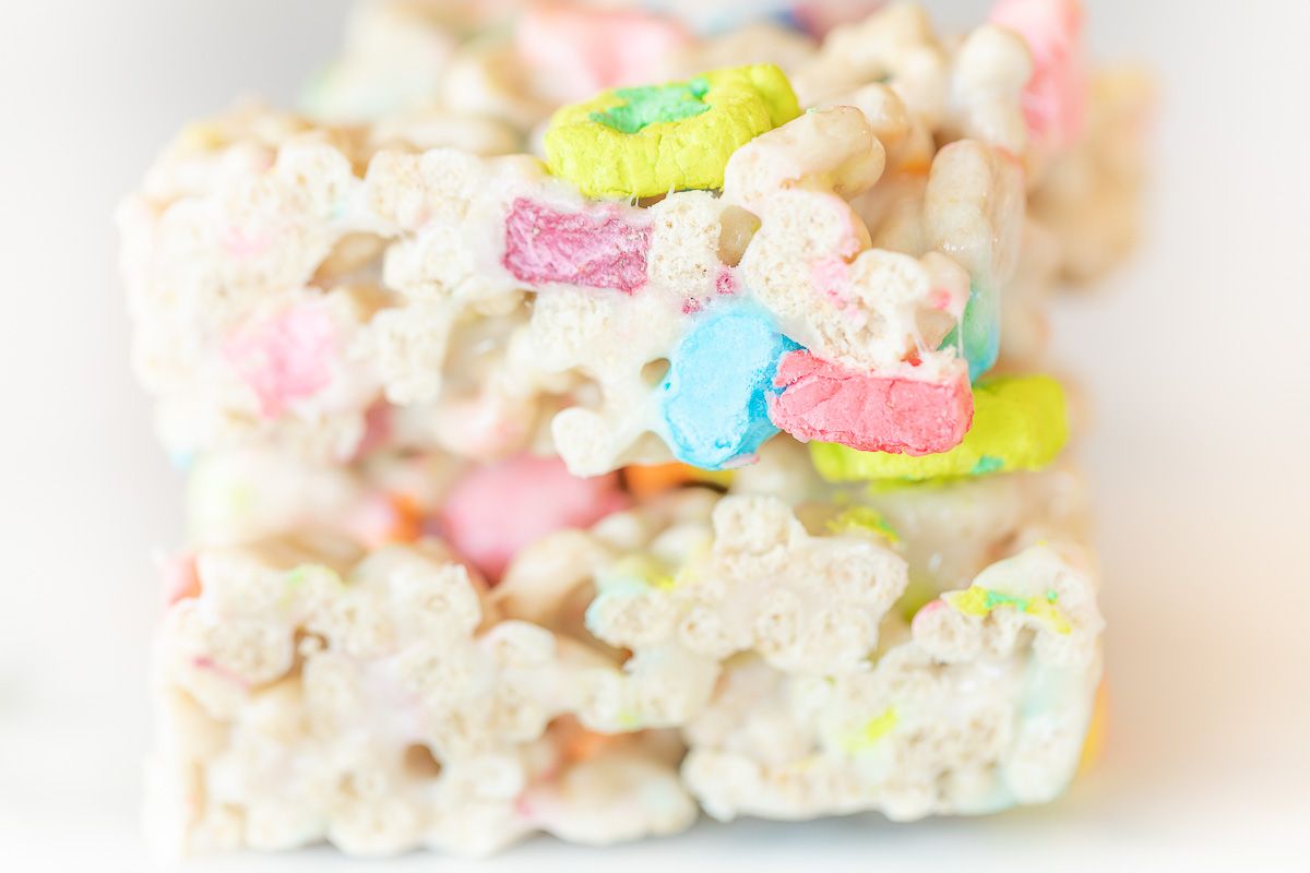 Lucky charm bars on a marble countertop.