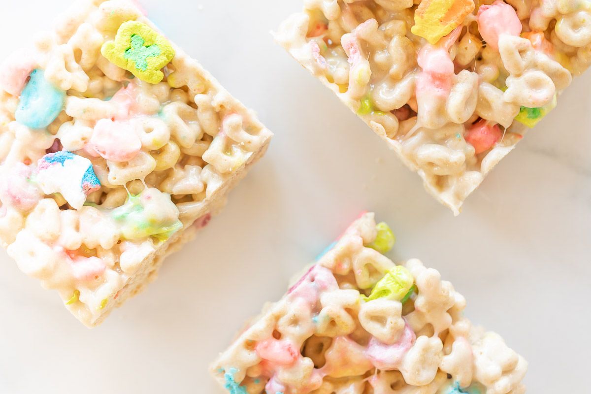 Lucky charm bars on a marble countertop. 