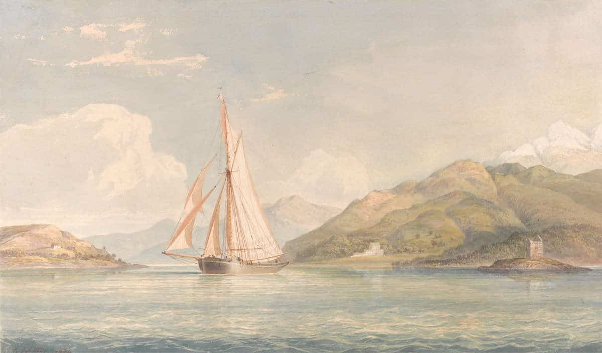 A pale pastel public domain painting of a sailboat in the ocean.