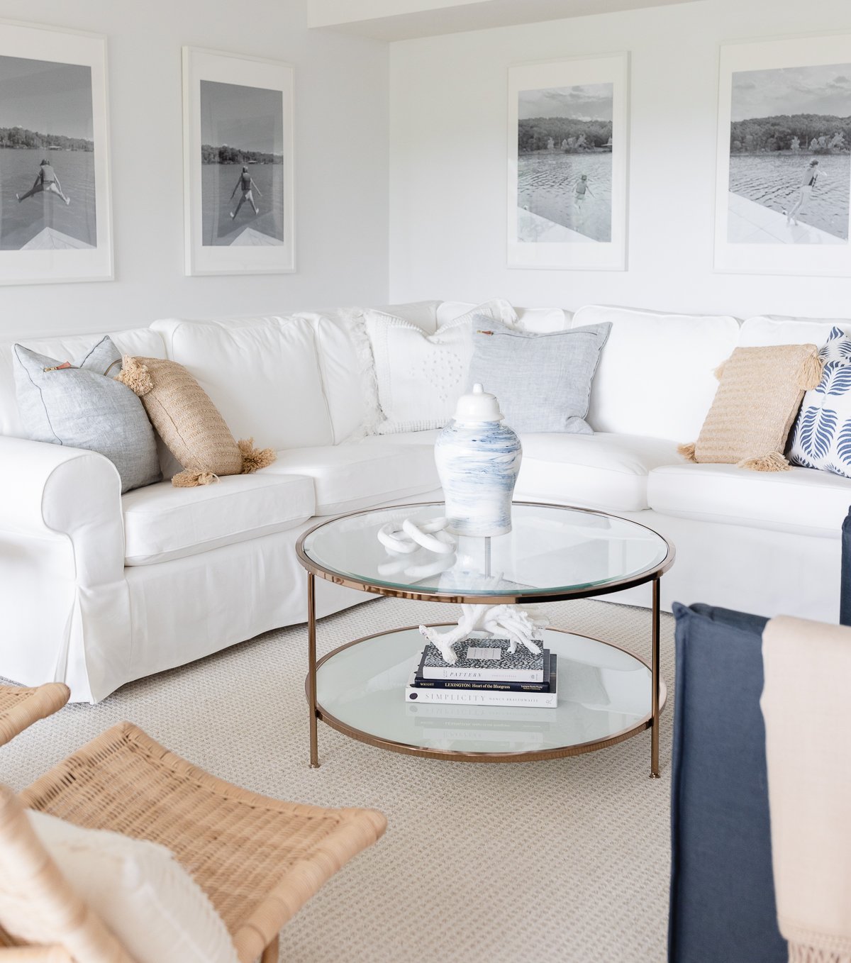 Grey sofa with online blue chairs