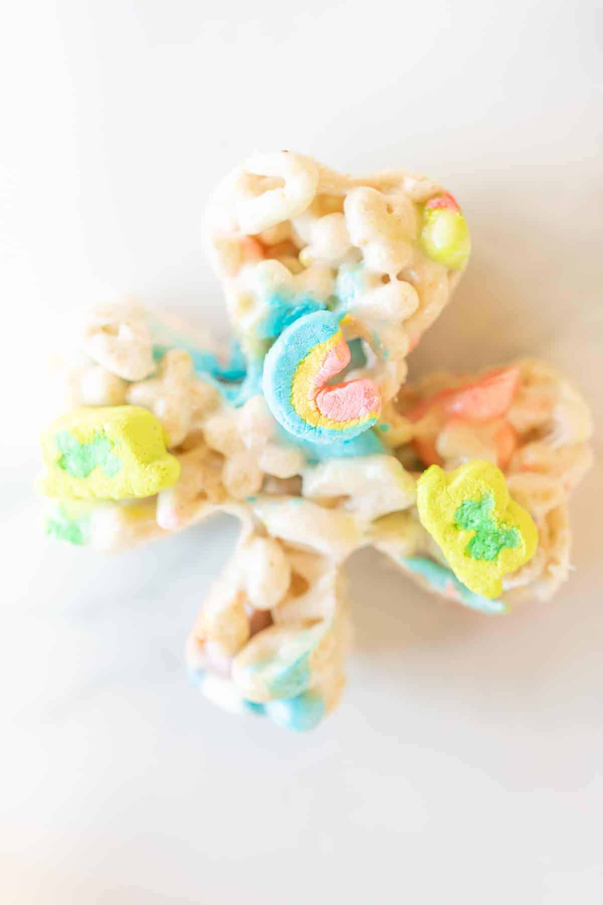 marshmallow treat with lucky charms in shamrock shape