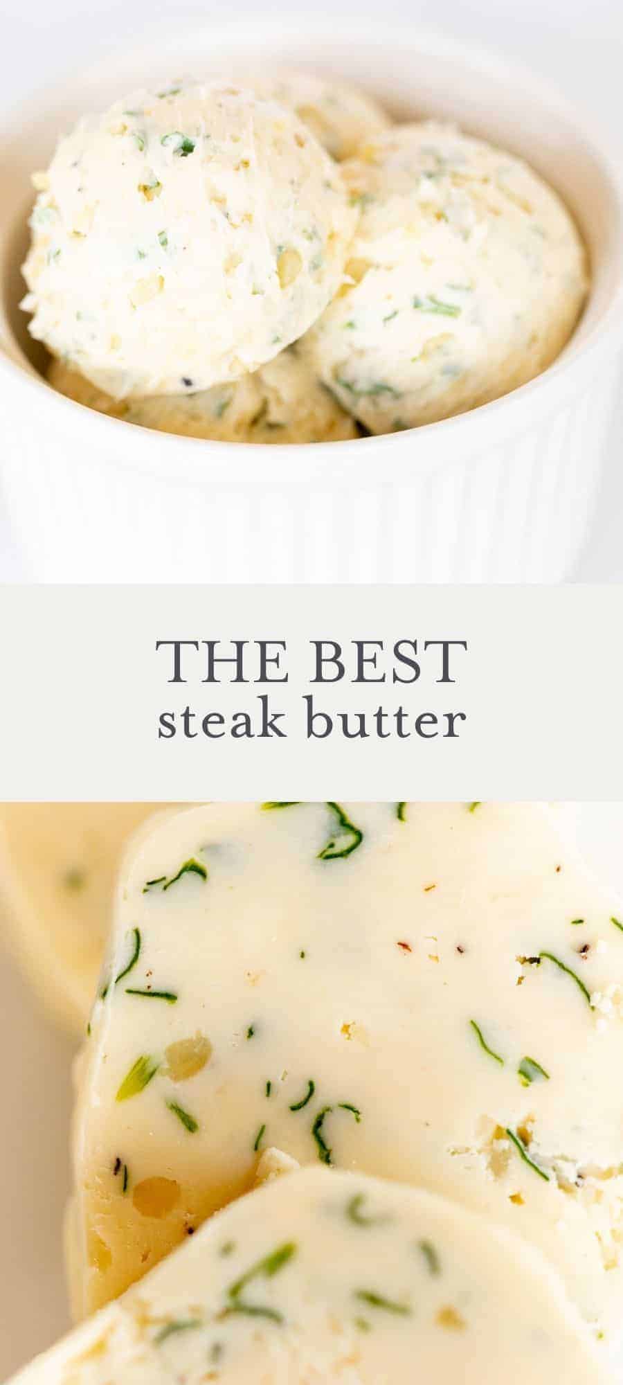 steak butter in bowl, overlay text, close up of steak butter