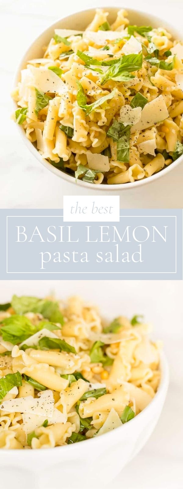 On a marble counter, there is a round white bowl of basil lemon pasta salad.