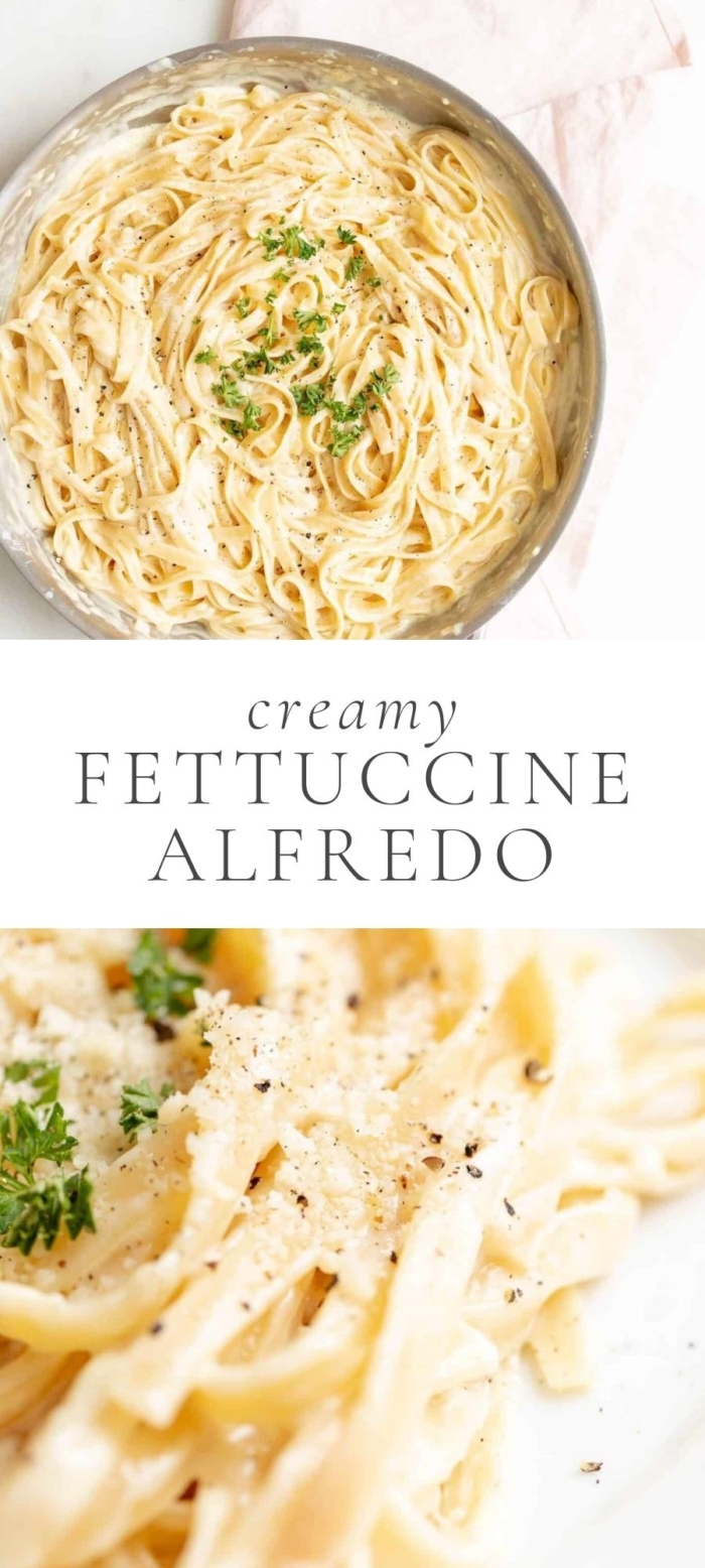 fettuccine Alfredo pasta in pan next to pink napkin