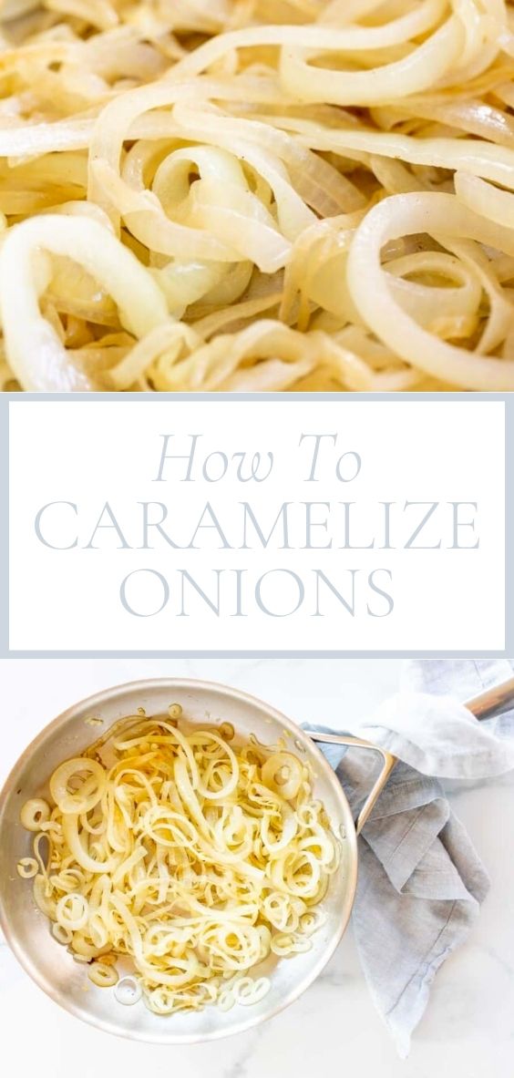 Caramelized Onions are pictured in a silver pan on a marble counter with a grey napkin.