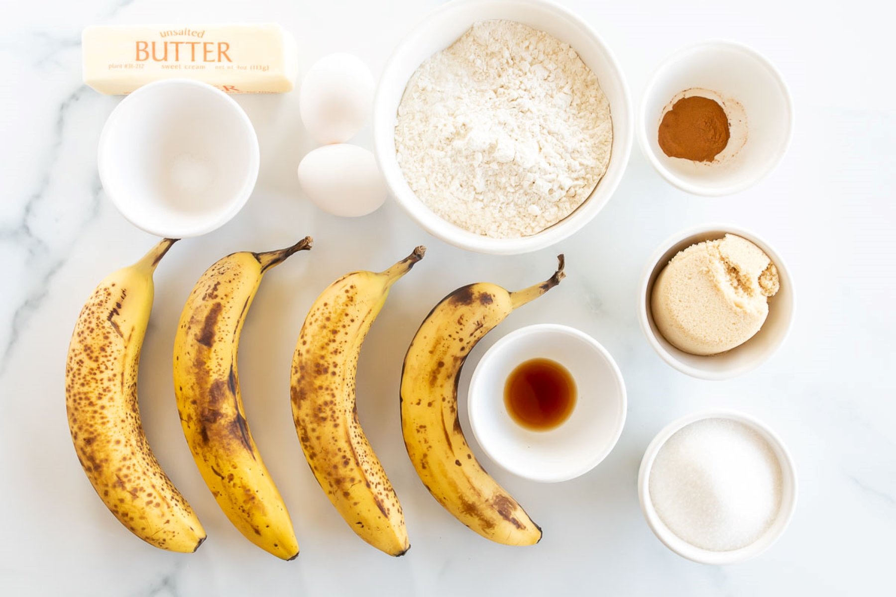 Ingredients for banana bread with no baking powder or baking soda.