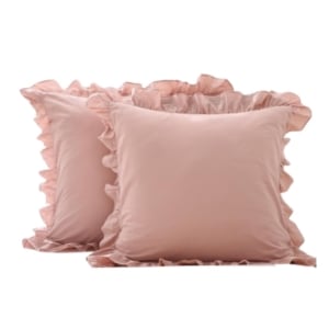 Two pink ruffled pillows on a white background, perfect for a tween girl bedroom.