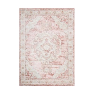 A pink and white rug with an ornate design, perfect for a tween girl bedroom.