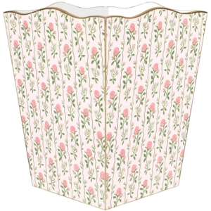 A pink and white trash can with flowers on it, perfect for a tween girl bedroom.