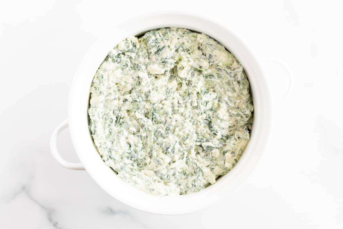 Creamy Spinach Dip in a White Bowl.