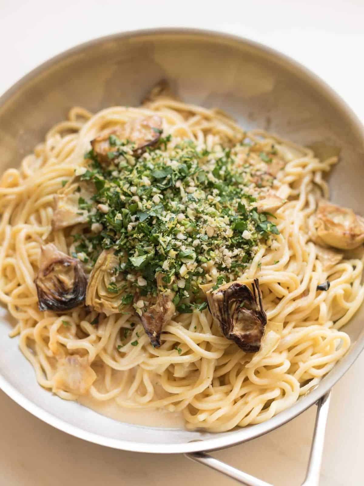 lemon spaghetti in sauté pan