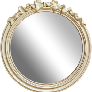 A round mirror with a bow on it, perfect for adding a touch of style to any tween bedroom.