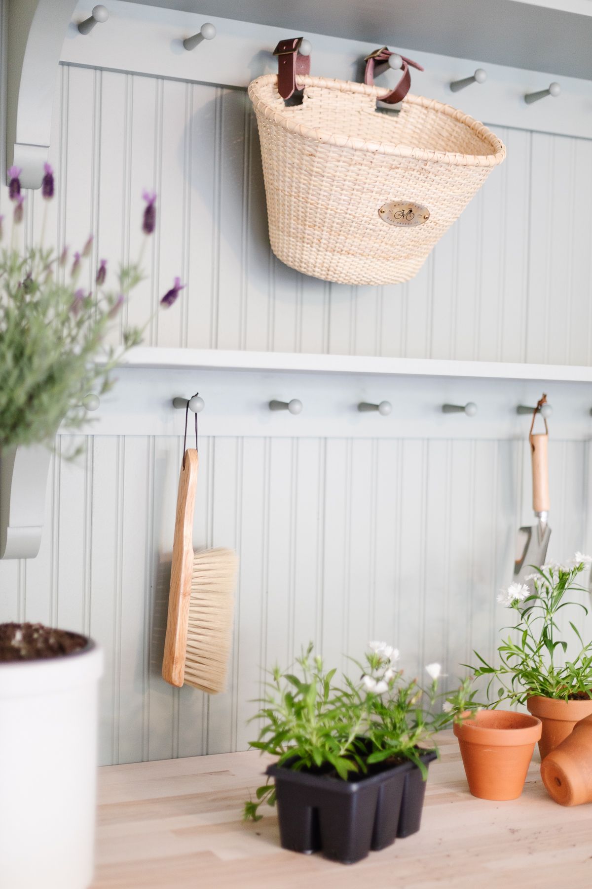 Peg rail painted green and loaded with gardening supplies.