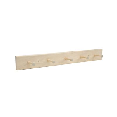 A wooden peg rail on a white background.