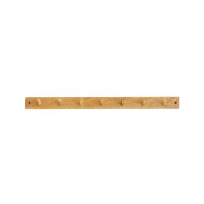 A wooden peg rail on a white background.