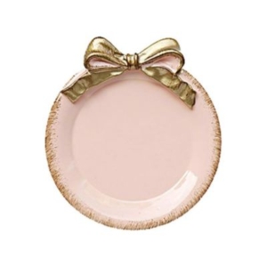 A pink plate with a gold bow, perfect for a tween girl bedroom.