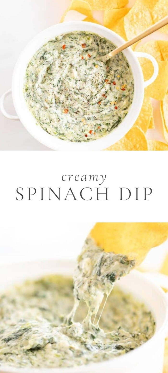 spinach dip with tortilla chips in white bowl