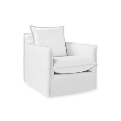 A white swivel chair on a white background with under deck ceiling.