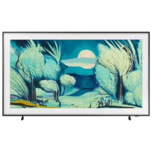 A Samsung Frame TV displays an abstract landscape with blue and green trees, a large moon, and small human figures in the foreground.