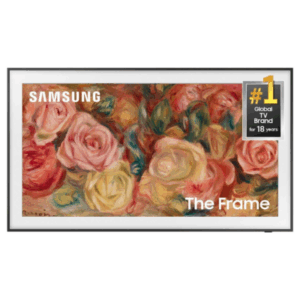 A Samsung Frame TV displays vibrant pink and yellow roses, with a "#1 Global TV Brand for 18 years" badge in the top right corner.