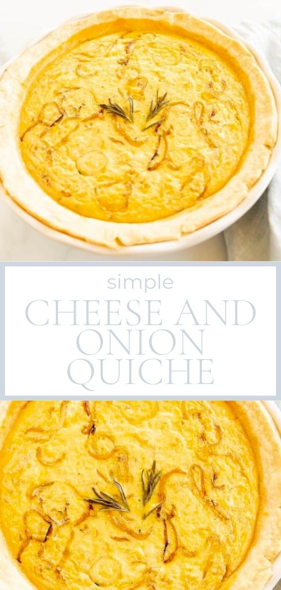 cheese and onion quiche is pictured on a marble counter top.