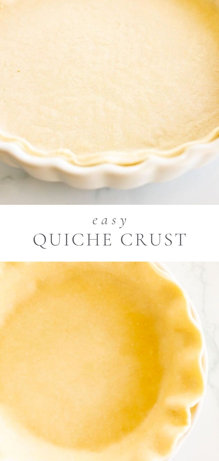 An easy Quiche Crust is pictured in a white pie dish on a marble counter.