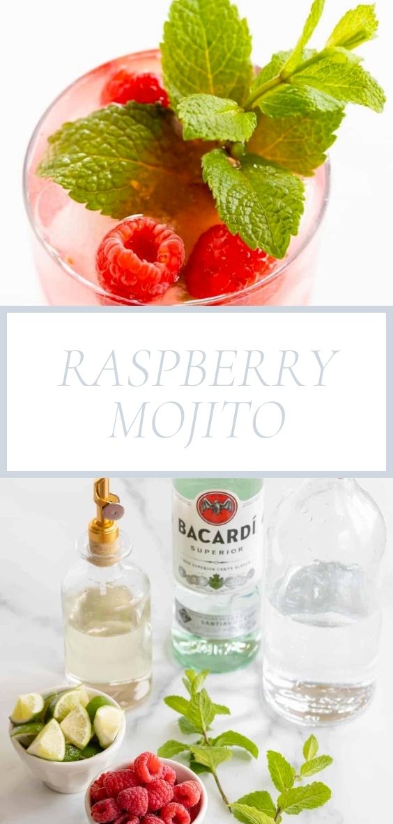 An up close picture of a raspberry mojito and raspberry mojito ingredients displayed on marble surface.