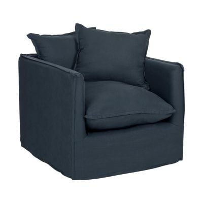 Navy blue overstuffed living room chair.