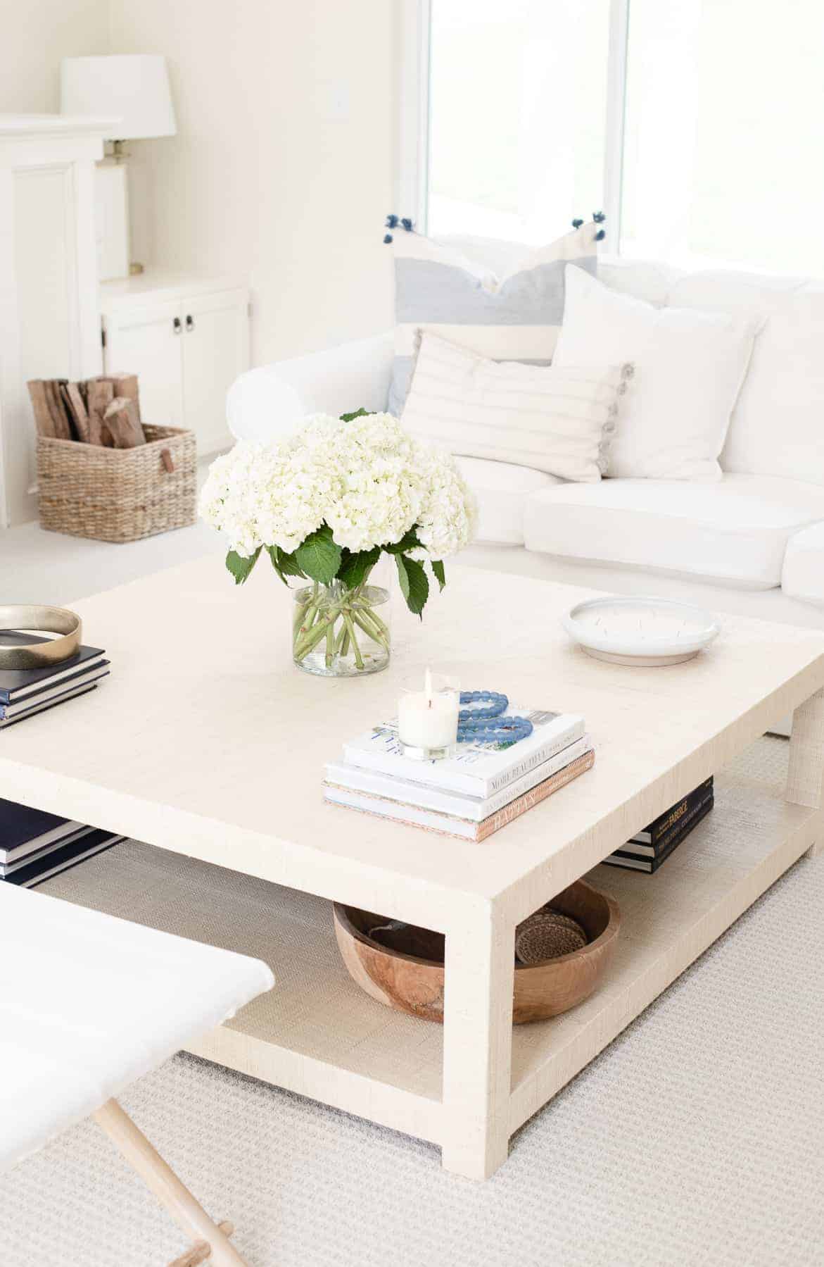 raffia coffee table in white living room
