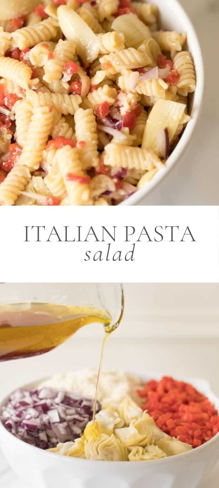 Italian pasta salad, overlay text, close up of ingredients in pasta salad