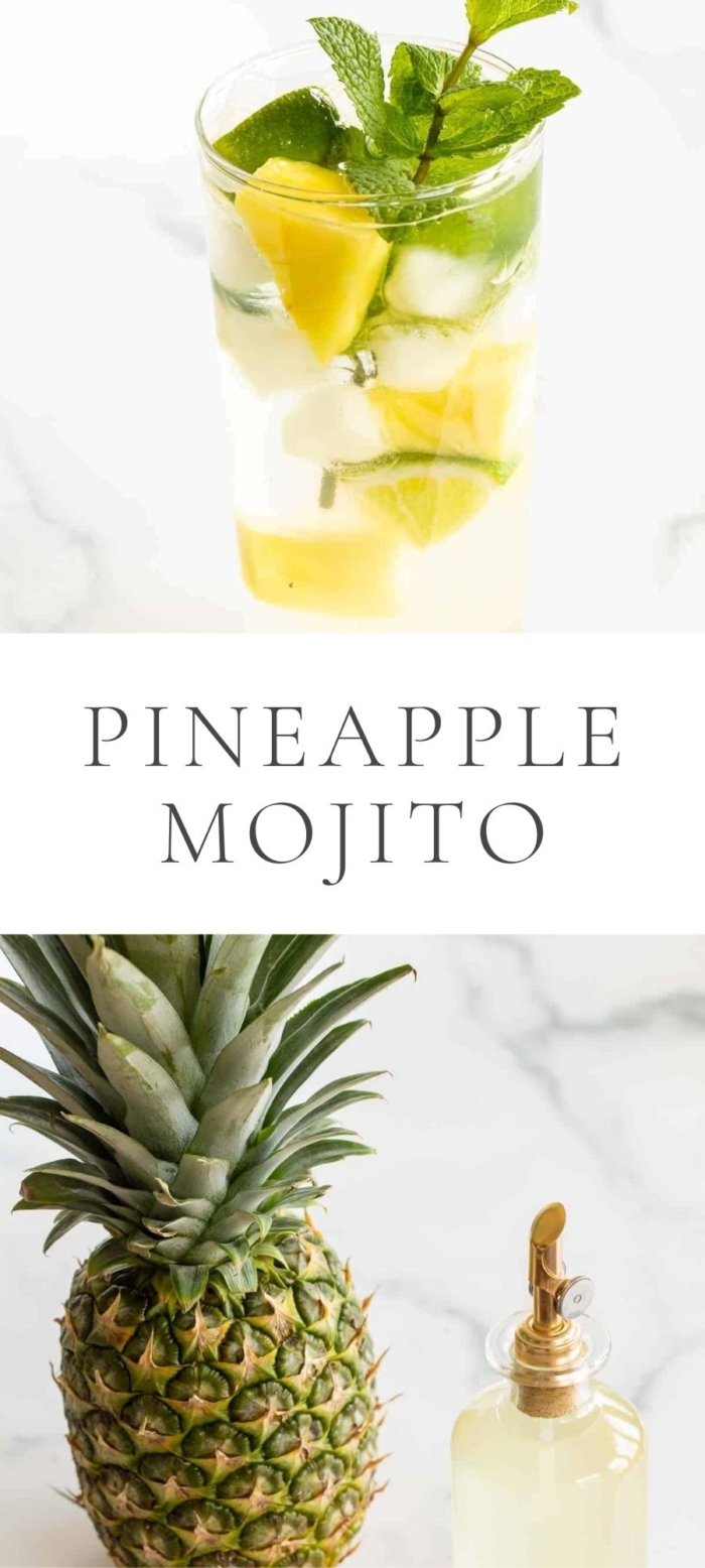 pineapple mojito in glass with lemon and mint and in bottle next to pineapple