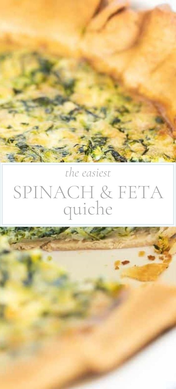 Close up photo of three-fourths of the top of a feta and spinach quiche