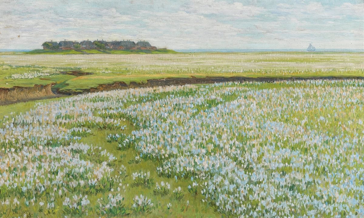 A grassy coastal landscape with patches of white wildflowers is beautifully displayed on a Samsung Frame TV, featuring a distant island with trees and a sailboat on the horizon under a partly cloudy sky.