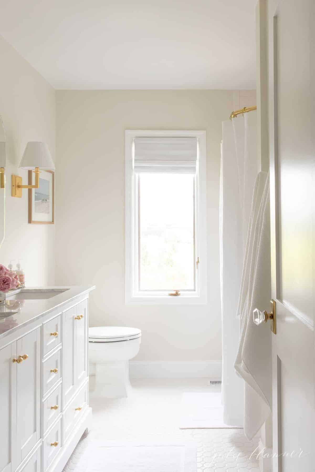 A white bathroom with white trim.
