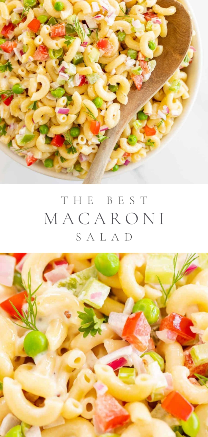 two pictures of macaroni salad on a plate