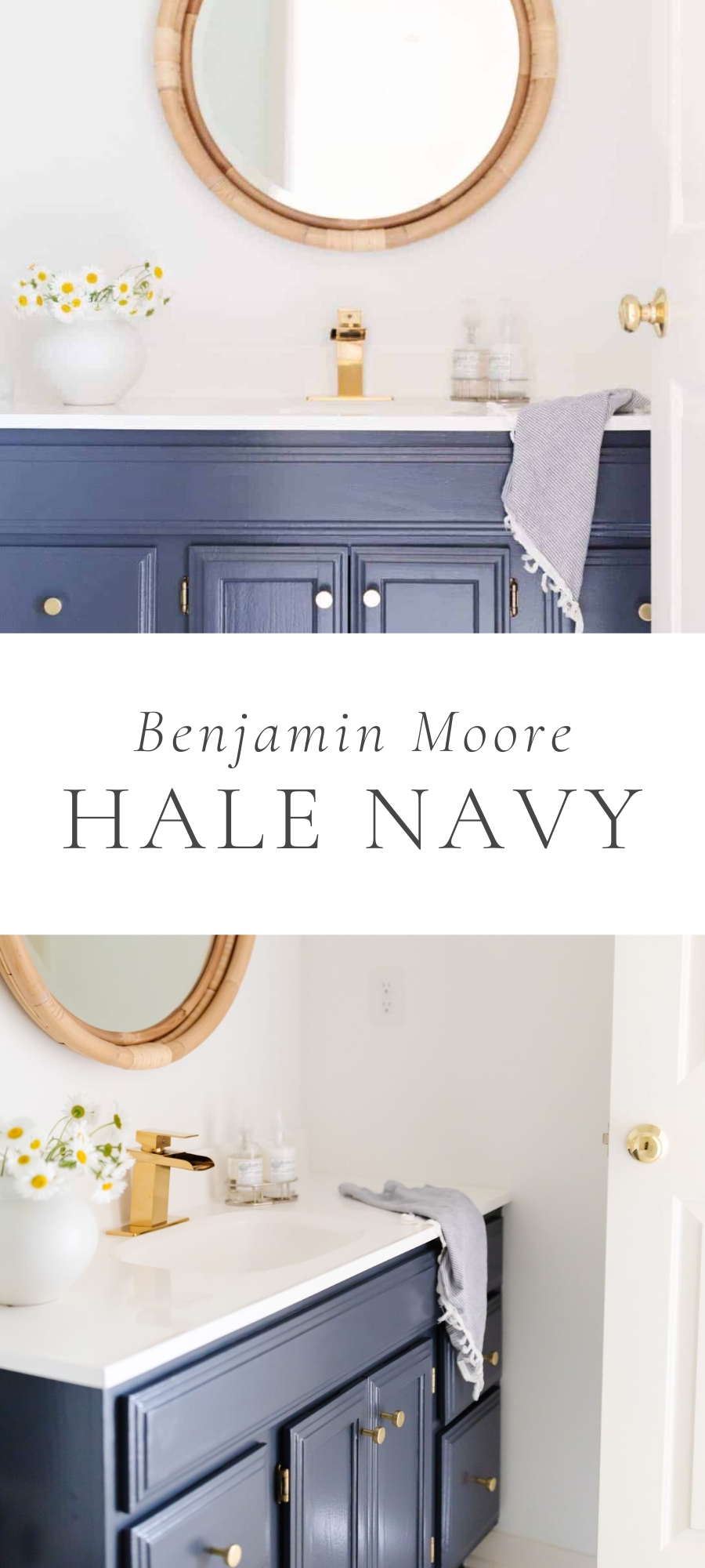 white bathroom images with round mirror and blue vanity with brass hardware and caption "Benjamin Moore Hale Navy"