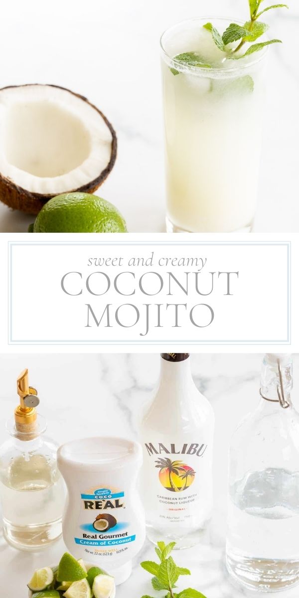 Top photo is a glass of coconut mojito. Bottom photo is ingredients for a coconut mojito