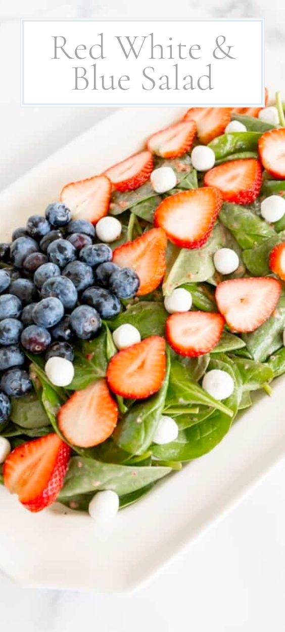 On a marble counter top, there is a red white and blue salad that is perfect for those patriotic holidays and Summer.