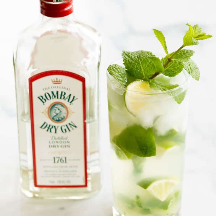 A gin mojito in a clear glass, garnished with a wedge of lime and a sprig of mint. Gin bottle in background.
