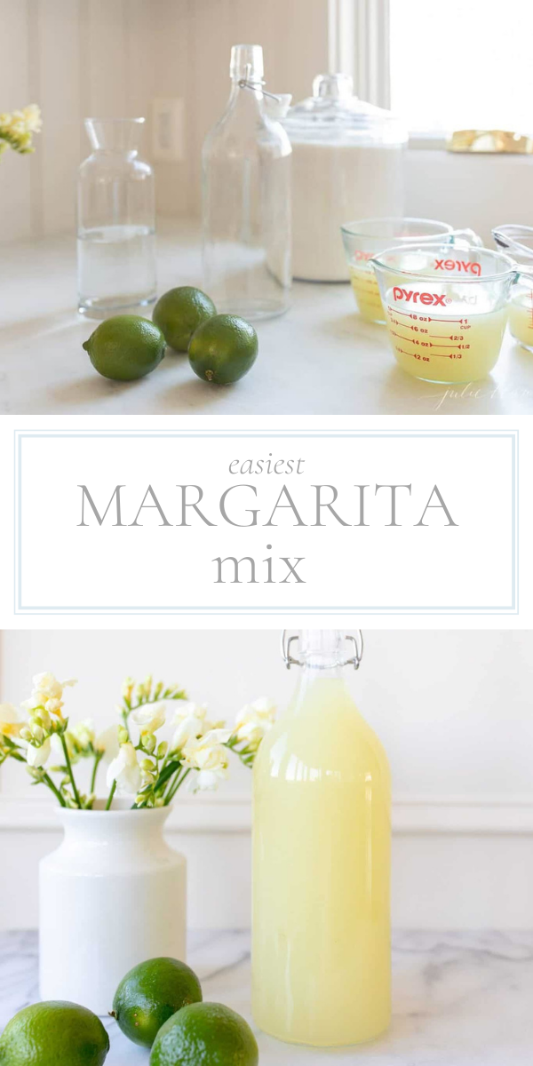 Top photo are limes, glass pitcher and measuring cups with ingredients. Text box is in middle. Bottom photo is a class bottle filled with a light green margarita mix. Next to bottle is white vase with yellow flowers.