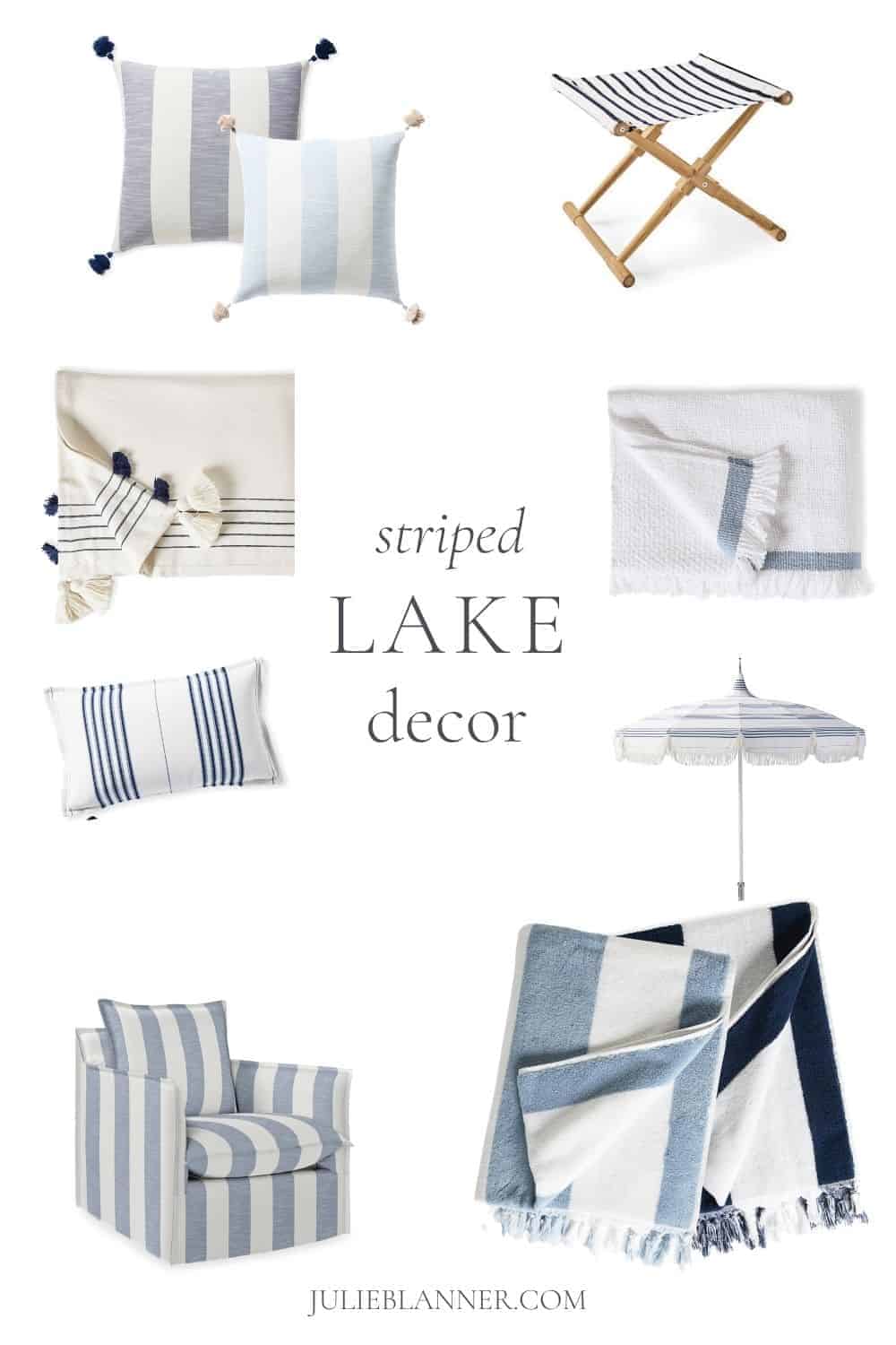 striped furniture and home decor in a collage with text overlay