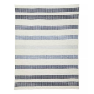 A blue and white striped blanket on a white background, perfect for lake house decor.