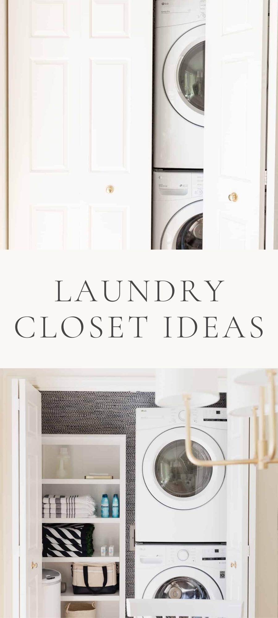 laundry closet with washer and dryer and shelves