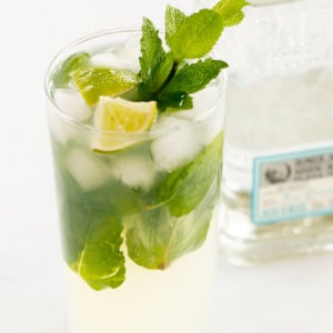 A tequila mojito cocktail with mint leaves and lime in a tall glass, next to a bottle of clear liquor on a white surface.