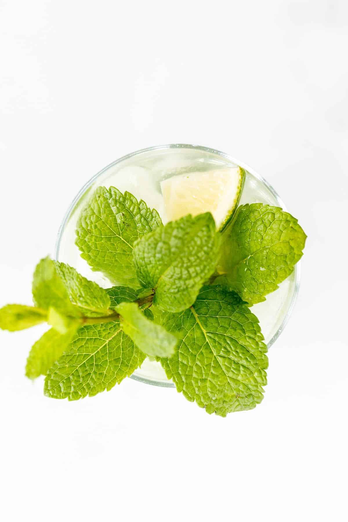 Looking down into a clear glass topped with a stem of mint and a wedge of lime.