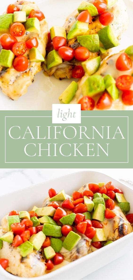 In a white baking dish there is light and refreshing California Chicken.